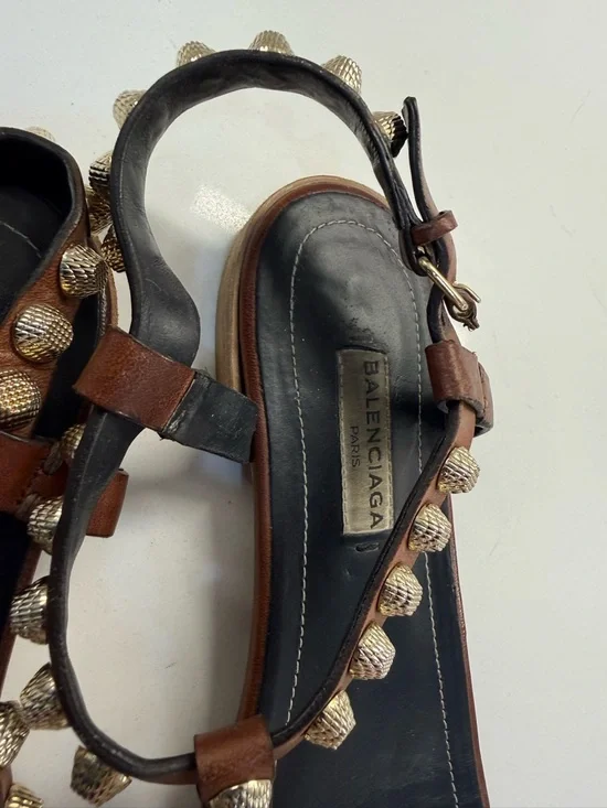 Balenciaga Brown Studded T-Strap Sandals - Women - Picture 2 of 5